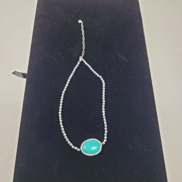 Vintage 90s Signed LUC Silver Bicone Rhinestone Faux Turquoise Oval Pendant Coll - Picture 12 of 13